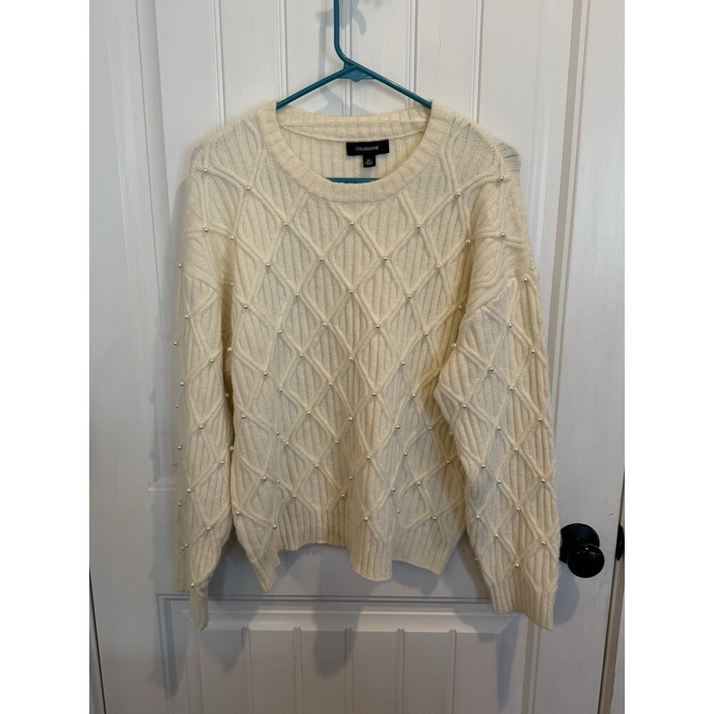 Calligraphie Women XL Ivory Cable Knit Sweater Pearl Embellished Crew Neck NWOT